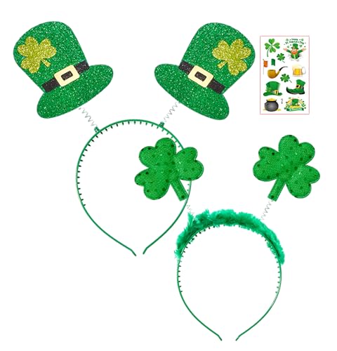 Focupaja St. Patrick's Day Zubehör Kostüm Kleeblatt Stirnband Kopfbedeckung Grüner Hut, Kleeblatt Halskette, Armband, Brille, Schnurrbärte für Irish Festival Party(3 Pcs) Klee Stirnband Set von Focupaja