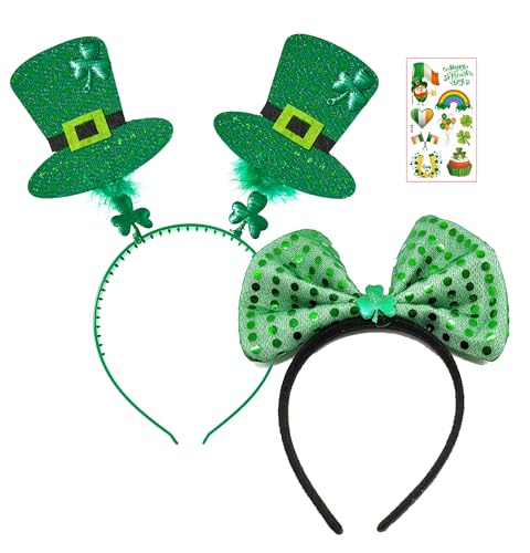 Focupaja St. Patrick's Day Zubehör Kostüm Kleeblatt Stirnband Kopfbedeckung Grüner Hut, Kleeblatt Halskette, Armband, Brille, Schnurrbärte für Irish Festival Party(3 Pcs) Schleifen Stirnband Set von Focupaja