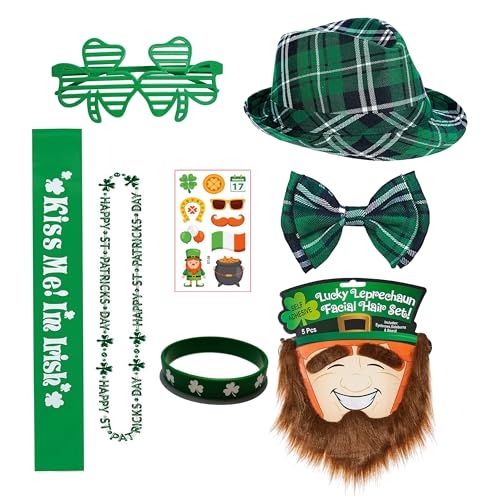 Focupaja St. Patrick's Day Zubehör Kostüm Kleeblatt Stirnband Kopfbedeckung Grüner Hut, Kleeblatt Halskette, Armband, Brille, Schnurrbärte für Irish Festival Party(7 Pcs) Hut & Fliege Set von Focupaja