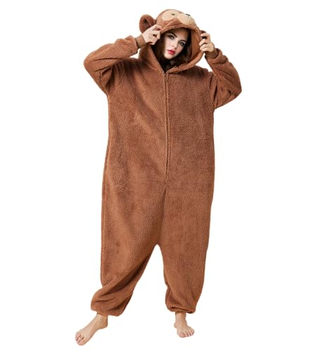 Focupaja Unisex Bär Pyjamas Erwachsene Tier Jumpsuits Einteilig Gemütlich Karneval Party Cosplay Kostüm Damen Herren Braun XL von Focupaja