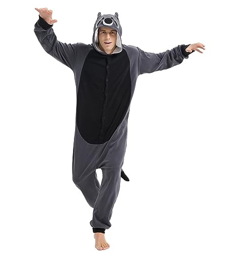 Focupaja Unisex Onesie Erwachsene Grauer Waschbär Cosplay Kostüm Tier Schlafanzug Einteiler Halloween Weihnachten Jumpsuit XL von Focupaja