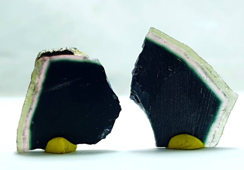 Wassermelonenturmalin Scheiben, Transparent Grün & Pink Edelstein Paar von Focusgems