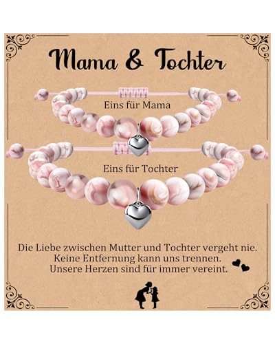 Focxoio 2 Stück Mutter Tochter Armband, Muttertags Geschenk, Herzarmbänder Schmuck Mutter Tochter Geschenke, Verstellbar Naturstein Armband Geschenk zum Geburtstage Weihnachten von Focxoio