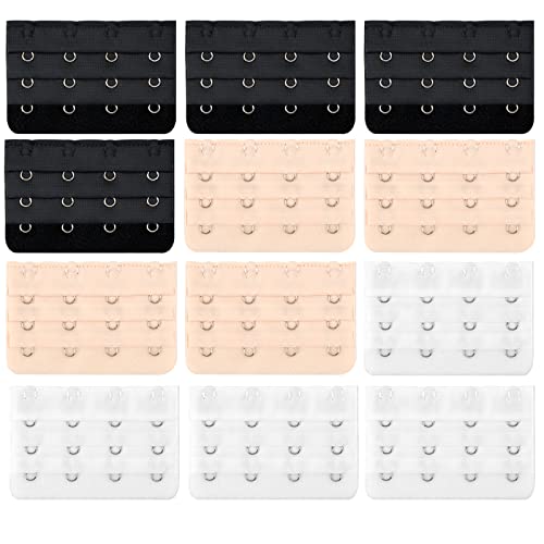 12 Stück BH Verlängerung 4 Haken BH Erweiterung 4 Haken BH Verlängerung Schwarz Beige Weiß 3 Farben BH Verschluss Verlängerung BH-Verlängerungen BH-Verlängerer Set für Damen Frauen Mädchen von Fodlon
