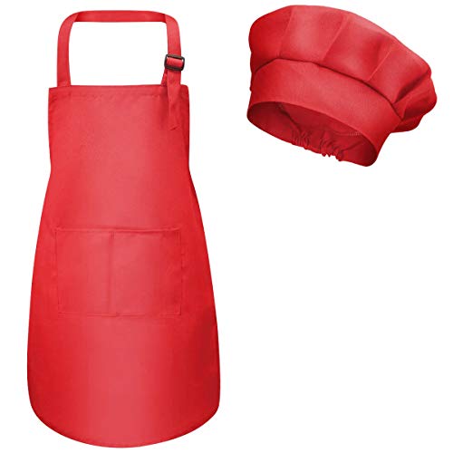 Fodlon Kinder Schürze und Kochmütze, Verstellbare Kinder Köche Schürze mit Taschen für Jungen Mädchen, Kleinkind Küche Garten Schürzen für Kochen Backen Malen Basteln (M für 3-6 Jahre) (Rot) von Fodlon