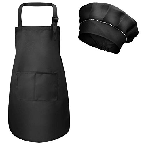 Fodlon Kinder Schürze und Kochmütze, Verstellbare Kinder Köche Schürze mit Taschen für Jungen Mädchen, Kleinkind Küche Garten Schürzen für Kochen Backen Malen Basteln (M für 3-6 Jahre) (Schwarz) von Fodlon