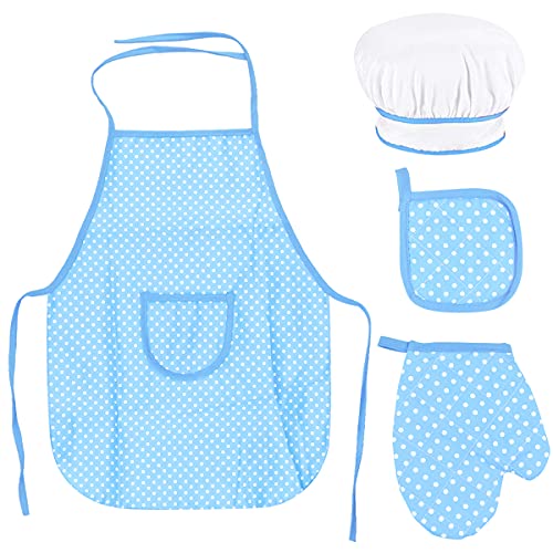 Fodlon Koch Set für Kinder, Verstellbare Kochschürze für Kinder, Kinder Küche Backen mit Kinder Kochmütze, Kinder Kochhandschuh, Hitzebeständige Matte für Jungen Mädchen Alter 3-8 Jahre Alt (Blau) von Fodlon