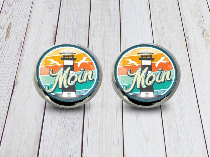 Maritime Moin Ohrstecker | Ohrschmuck Bunt Mit Moin, Leuchtturm, Und Möwen Edelstahl Cabochon Modeschmuck 12 Mm Geschenk Für Frauen von Foerdeblau