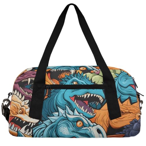 Mexikanische bunte Blumen Kinder Seesack Jungen Mädchen Kleine Sporttasche Tanztasche für Übernachtung, Reisen, Wochenendhandgepäck, Retro-Dinosaurier, 18.5"L x 9.4"W x 7.8"H von Foerrkelg