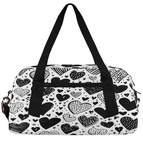 Schöne Herzform Kinder Seesack Jungen Mädchen Kleine Sporttasche Tanztasche für Übernachtung, Reisen, Wochenendhandgepäck, Schwarz-weißes Graffiti-Herz, 18.5"L x 9.4"W x 7.8"H von Foerrkelg