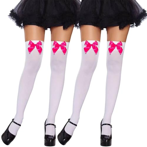 Fohevers 2 Stück Damen Schleife Oberschenkel Hoch Strümpfe Oberschenkel Hoch Socken Hoch Strümpfe Satin Schleife Blickdicht Über Die Knie Hoch, Weiß mit Rose Bögen von Fohevers