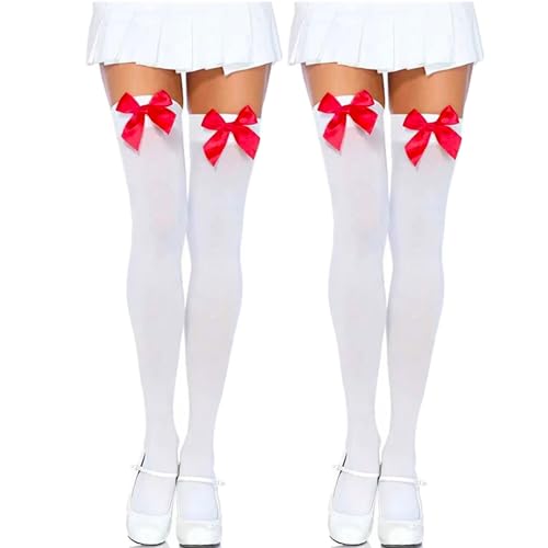 Fohevers 2 Stück Damen Schleife Oberschenkel Hoch Strümpfe Oberschenkel Hoch Socken Hoch Strümpfe Satin Schleife Blickdicht Über Die Knie Hoch, Weiß mit Rot Schleifen Fohevers 2 Stück Damen Schleife Oberschenkel Hoch Strümpfe Oberschenkel Hoch Socken Hoch Strümpfe Satin Schleife Blickdicht Über Die Knie Hoch, Weiß mit Rot Schleifen von Fohevers