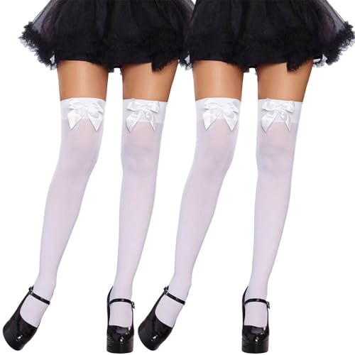 Fohevers 2 Stück Damen Schleife Oberschenkel Hoch Strümpfe Oberschenkel Hoch Socken Hoch Strümpfe Satin Schleife Undurchsichtig Über Die Knie Hoch, Weiß mit Weiß Schleifen von Fohevers