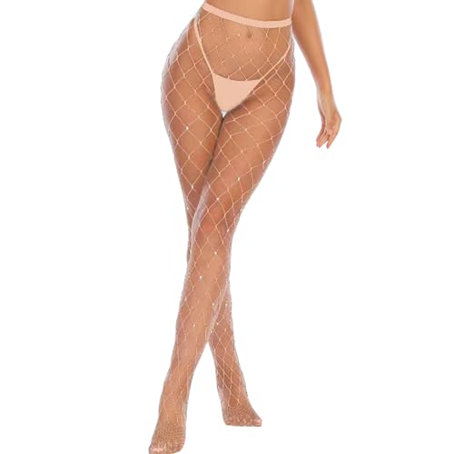 Fohevers Damen Glitzernd Netzstrümpfe Strumpfhosen Diamant Netzstrumpfhose Strümpfe Glitzer Strass Netzstrümpfe Strümpfe Straff Groß Netz, Kaki von Fohevers