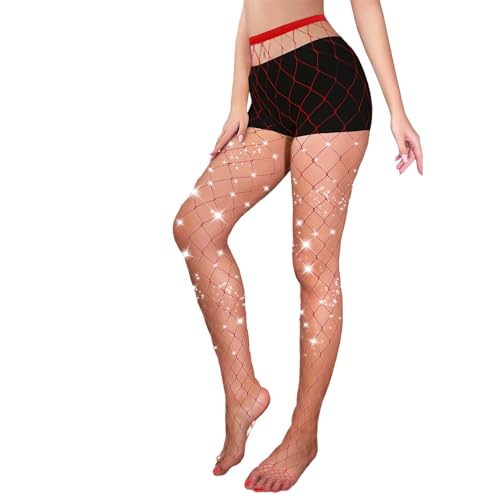 Fohevers Damen Glitzernd Netzstrümpfe Strumpfhosen Diamant Netzstrumpfhose Strümpfe Glitzer Strass Netzstrümpfe Strümpfe Straff Groß Netz, Rot von Fohevers