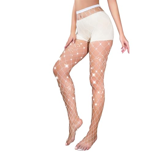 Fohevers Damen Glitzernd Netzstrümpfe Strumpfhosen Diamant Netzstrumpfhose Strümpfe Glitzer Strass Netzstrümpfe Strümpfe Straff Groß Netz, Weiß von Fohevers