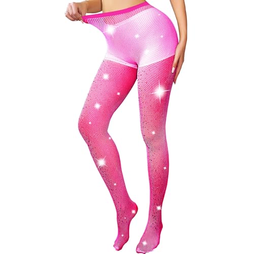 Fohevers Damen Glitzernd Netzstrümpfe Strumpfhosen Diamant Netzstrumpfhose Strümpfe Glitzer Strass Netzstrümpfe Strümpfe Straff Klein Netz mit Vorderseite Farbig Diamant,Rosa von Fohevers