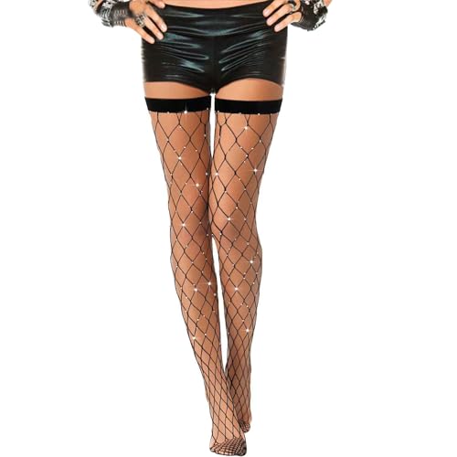 Fohevers Damen Glitzernd Oberschenkel Hoch Fischnetz Strümpfe Aufenthalt Up Gummizug Diamant Glitzer Fischnetz Oberschenkel Hoch Strass Strumpfhose, Groß Netz von Fohevers