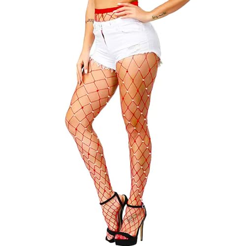 Fohevers Damen Glitzernde Netzstrumpfhose Diamant Netzstrümpfe Glitzer Strass Netzstrümpfe Eng mit rotem Herz Symbol, Rot von Fohevers