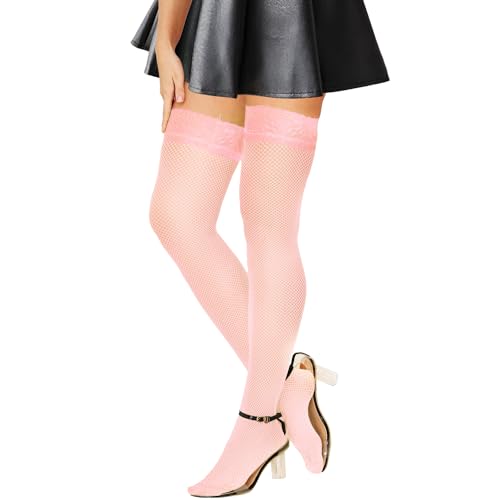 Fohevers Damen Halterlose Netzstrümpfe,halterlose Strümpfe, Oberschenkel Hohe Halterlose Strümpfe für Strumpfgürtel Damen Fischnetz Oberschenkel Hohe Strümpfe Halten,Rosa von Fohevers