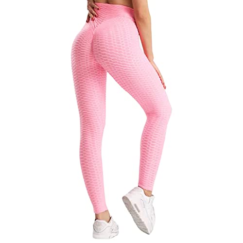 Fohevers Damen-Leggings mit hoher Taille, für Yoga, Fitnessstudio, Laufen, elastisch, Sport, gerüscht, Bauchkontrolle, Leggings, rose, M von Fohevers