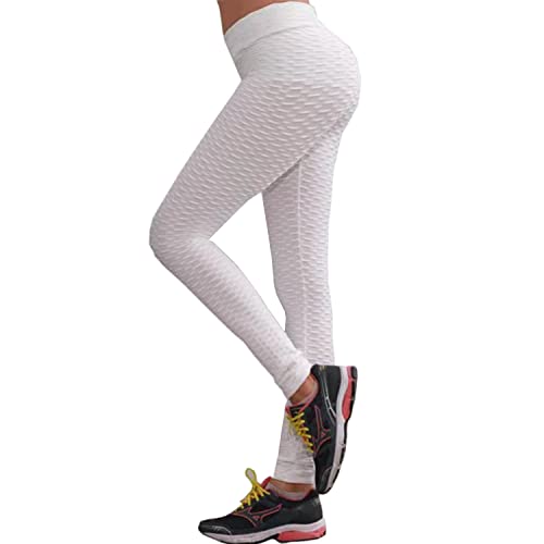 Fohevers Damen-Leggings mit hoher Taille, für Yoga, Fitnessstudio, Laufen, elastisch, Sport, gerüscht, Bauchkontrolle, Leggings, weiß, M von Fohevers