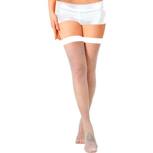Fohevers Damen Oberschenkel Hoch Fischnetz Strümpfe Zaun Netz Gummizug Netzstrümpfe Strumpfhose (Kleines Netz, Weiß) von Fohevers