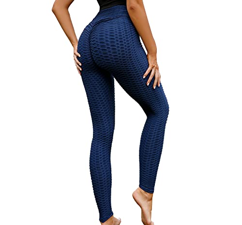 Fohevers Leggings Damen Sport Damen Honeycomb Leggings Geraffte Hintern Heben Hohe Taille Push Up Boom Booty Sport Leggings Dehnbare Gym Yogahosen (M, Marine) von Fohevers