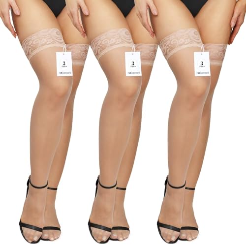 Forevers 3 Paar Halterlose Strümpfe Spitze Oberschenkel Hohe Strumpfhosen Oberschenkel Hohe Strumpf Silikon Spitze Top Strümpfe Seidige Strumpfhose für Damen, Nackt von Fohevers