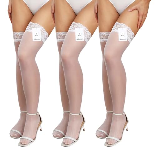 Forevers 3 Paar Halterlose Strümpfe Spitze Oberschenkel Hohe Strumpfhosen Oberschenkel Hohe Strumpf Silikon Spitze Top Strümpfe Seidige Strumpfhose für Damen, Weiß von Fohevers