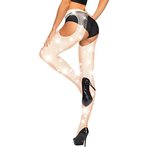 Forevers Damen Diamanten Netzstrumpfhosen, Rhinestones Netzstrumpfhose, Funkelnde Strumpfhosen Glitzer Strumpfhose Strass Strümpfe Prickelnde Strass-Netzstrümpfe,Weiß von Fohevers