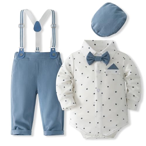 Fohuanky Baby Boy Formales Outfit Gentlemen Kleidung Set Strampler Hemd mit Fliege Hosenträger Hose & Hut für Hochzeit Geburtstag Party von Fohuanky