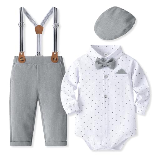 Fohuanky Baby Boy Formales Outfit Gentlemen Kleidung Set Strampler Hemd mit Fliege Hosenträger Hose & Hut für Hochzeit Geburtstag Party von Fohuanky