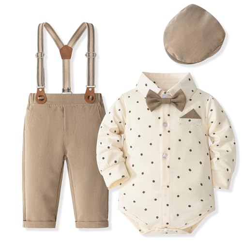 Fohuanky Baby Boy Formales Outfit Gentlemen Kleidung Set Strampler Hemd mit Fliege Hosenträger Hose & Hut für Hochzeit Geburtstag Party von Fohuanky