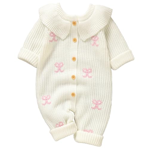 Fohuanky Baby Mädchen Strick-Strampler mit Kragen Weiche Jumpsuit mit gestickten Bögen Niedliche Neugeborenen Herbst Winter Bodysuit für 0-12 Monate (Weiß, 6-9 Monate) von Fohuanky