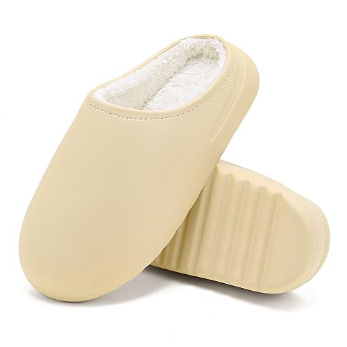 Foinledr Cozy Slides Original Damen Herren Hausschuhe Winter Lammfell Warme Plüsch Gefüttert Flauschige Gummi Pantoffeln Warm Slipper Filzpantoffeln, Beige Halb umzingelt, 37 EU von Foinledr