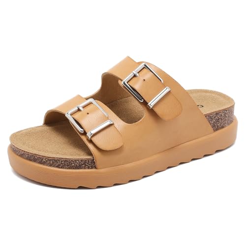 Pantoletten Damen mit Kork-Fußbett Bequeme Lässige Sandalen, Schlappen für Sommer mit Einstellbare Schnalle Rutschfest Hausschuhe mit EVA dicken Sohlen von Foinledr