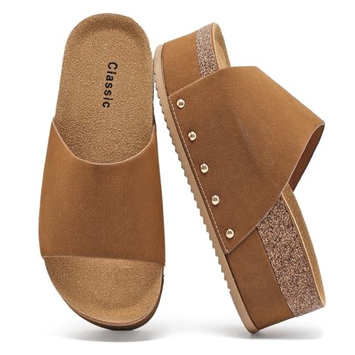 Foinledr Damen Pantoletten mit Kork-Fußbett Bequeme Clogs Sandalen, Verstellbarem Riemen Schlappen für Sommer Doppelte Schnalle Rutschfest Hausschuhe von Foinledr