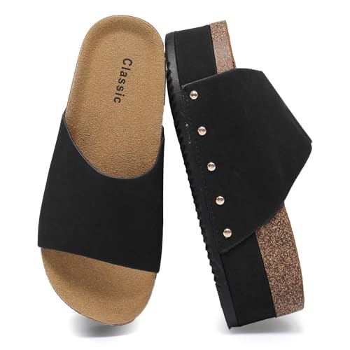 Foinledr Damen Pantoletten mit Kork-Fußbett Bequeme Clogs Sandalen, Verstellbarem Riemen Schlappen für Sommer Doppelte Schnalle rutschfest Hausschuhe von Foinledr