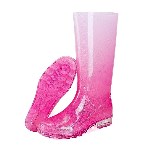 Foinledr Gummistiefel Regenstiefel Damen, Safety Wasserdicht Gummischuhe, Mode Anti-Rutsch Regenschuhe, Glitzer Rosa, 41 EU von Foinledr