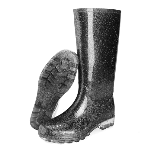 Foinledr Gummistiefel Regenstiefel Damen, Safety Wasserdicht Gummischuhe, Mode Anti-Rutsch Regenschuhe, Glitzer Schwarz, 37 EU von Foinledr