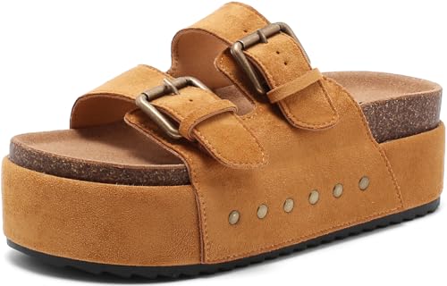 Pantoletten Damen Mit Kork-Fußbett Bequeme Clogs Sandalen Plateau Verstellbarem Riemen Schlappen Sommer rutschfest Eva Dicken Sohle Hausschuhe Doppelte Schnalle Lässige Latschen von Foinledr