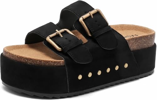 Pantoletten Damen Mit Kork-Fußbett Bequeme Clogs Sandalen Plateau Verstellbarem Riemen Schlappen Sommer rutschfest Eva Dicken Sohle Hausschuhe Doppelte Schnalle Lässige Latschen von Foinledr