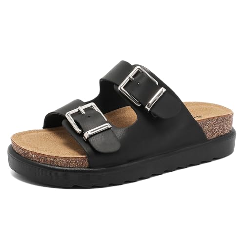Pantoletten Damen mit Kork-Fußbett Bequeme Lässige Sandalen, Schlappen für Sommer mit Einstellbare Schnalle Rutschfest Hausschuhe mit EVA dicken Sohlen von Foinledr
