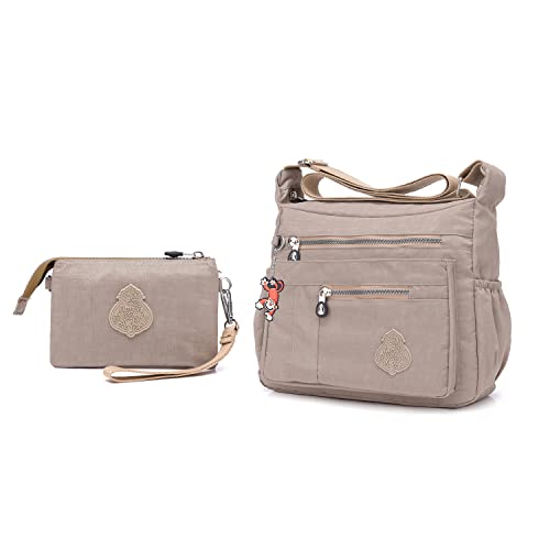 Foino Umhängetasche Damen Schultertasche Leichter Sporttasche Messenger Bag Kuriertasche Wasserdicht Taschen Mode Reisetasche Lässige (2 Taschen für Beige) von Foino