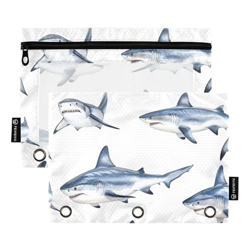 Foiosoh 2 Pack Cartoon Lustige blaue Fisch Weiß Bleistift Taschen für 3 Ringe Multifunktions transparente Fensteretui mit glatten Reißverschluss für Schule Schreibgeräte Lagerung liefert von Foiosoh