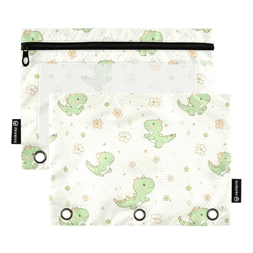 Foiosoh 2 Pack Nette Dinosaurier Beige und Grün Bleistiftbeutel 3 Ringe Binder Multifunktions Binder Bleistiftbeutel mit Reißverschluss und durchsichtigem Fenster zur Aufbewahrung von Schulbedarf von Foiosoh