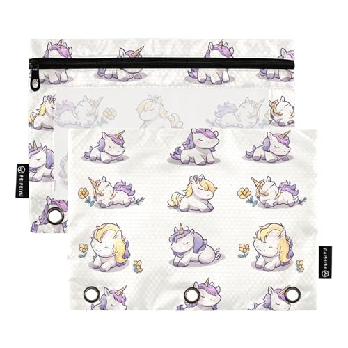 Foiosoh 2 Pack süße Einhörner lila und gelbe Bleistiftbeutel 3 Ringe leichte Bindemitteltaschen mit Reißverschluss zur Aufbewahrung von Schulbedarf von Foiosoh
