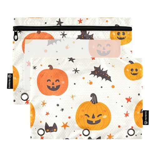 Foiosoh - 2 Stück Bleistiftbeutel mit Kürbis- und Sternen, beige, 3 Ringe, tragbare transparente Beutel mit Reißverschluss für Schul-Schreibutensilien von Foiosoh