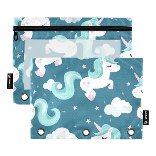 Foiosoh 2 pack Einhörner und Wolken Teal 3 Ringe Bleistift Tasche Große Glatte Reißverschluss Binder bleistift tüten für Büro Veranstalter von Foiosoh